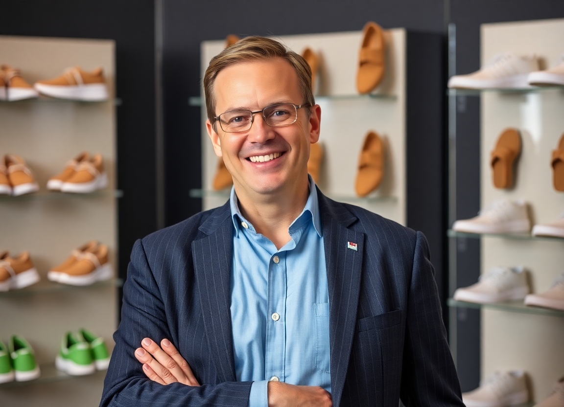 Richard Davis, CEO of SoleLeap, standing in front of a display of the new disposable cardboard shoes, smiling confidently. The photo should convey his passion and commitment to sustainable footwear innovation.