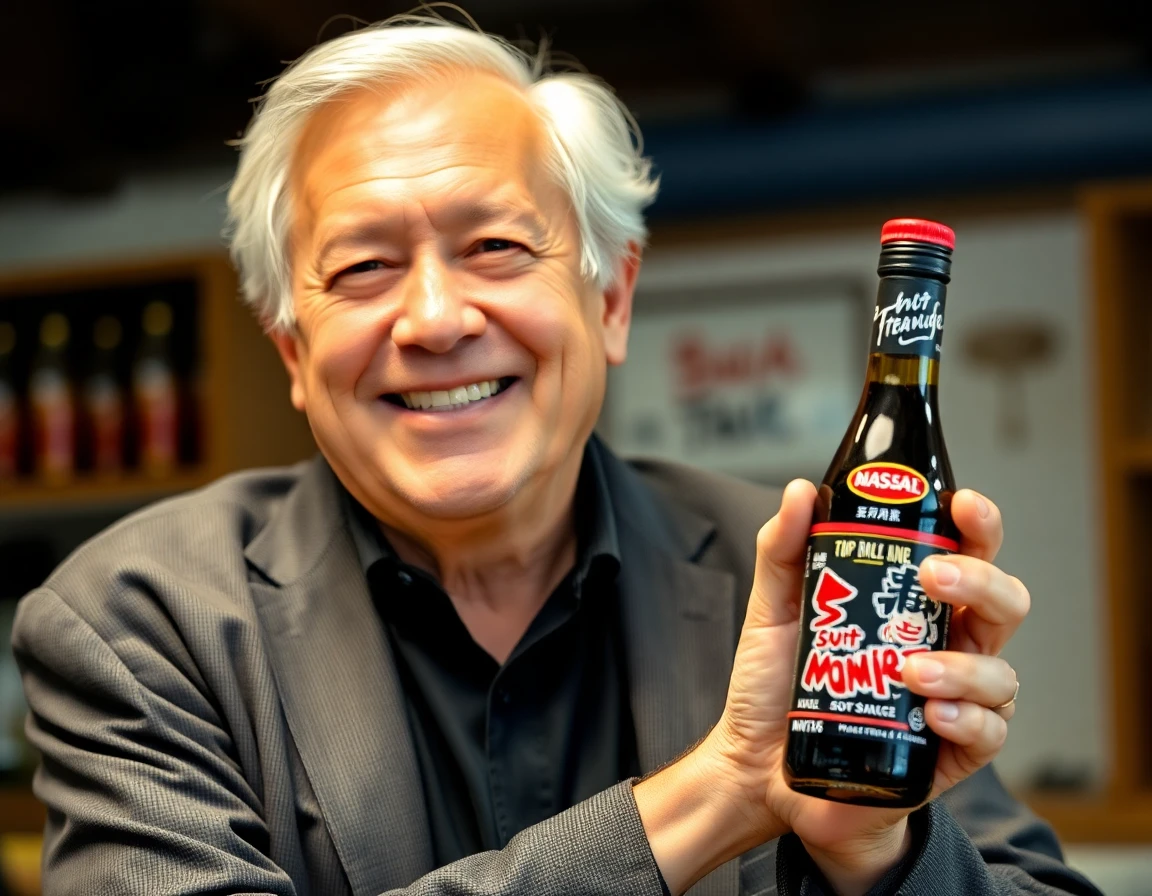 Richard H. Davis, President and CEO of Beverage Marketing USA and Nautilus Mineral Waters of America, smiles confidently while holding a bottle of Kamikaze soy sauce.