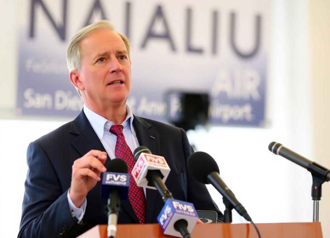 Richard H. Davis, President and CEO of Nautilus Air, speaking at a press conference held at San Diego International Airport, announcing the commencement of the test flights. Microphones from various news outlets are visible.
