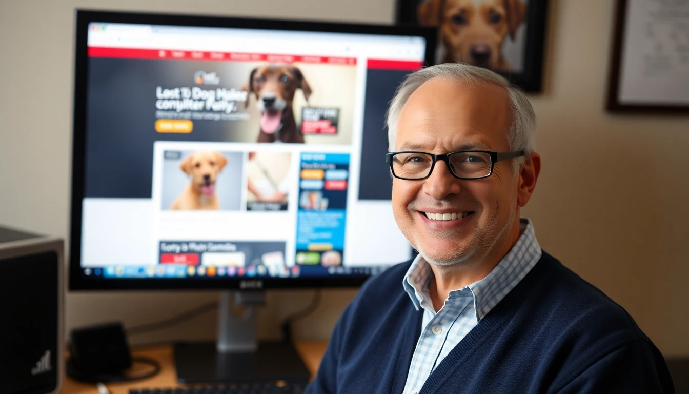 Richard H. Davis, the Beverly Hills pet innovator, smiles while standing in front of a computer screen displaying the Lost Dog Flyer Maker website.