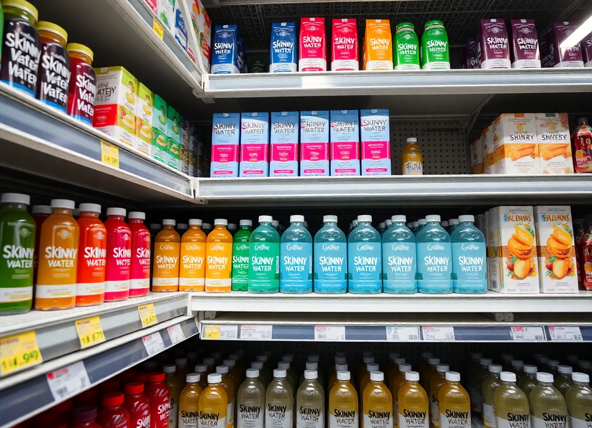 Shelves in a Beverly Hills grocery store stocked with Skinny Water™, showing the variety of flavors and package sizes available to consumers.