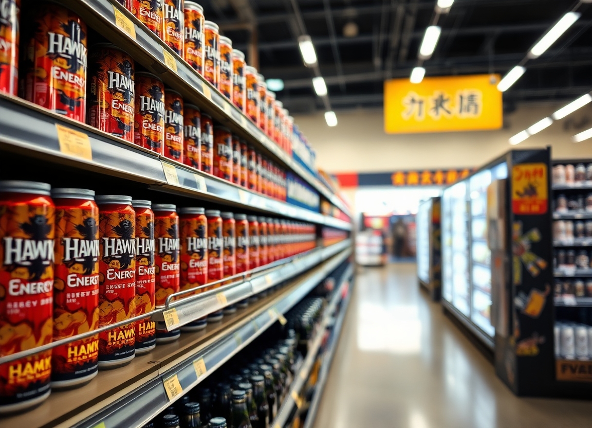 Shelves lined with Hawk Tuah Energy Drink at a major retail store, indicating nationwide availability and consumer accessibility.