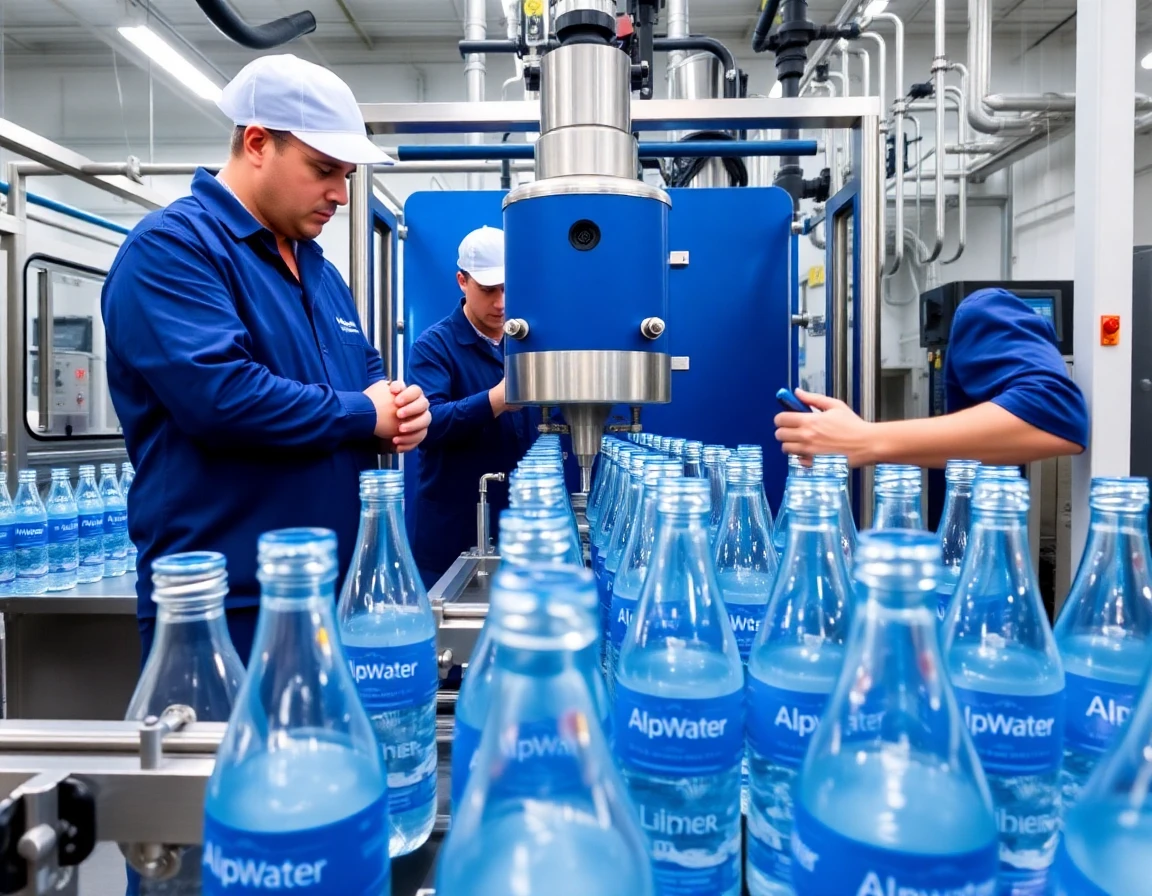 Workers inside the AlpWater SA bottling plant in Saxon, Switzerland, overseeing the automated process of filling and packaging Swiss AlpWater bottles. The scene shows a modern, sterile environment, highlighting the company's commitment to quality.