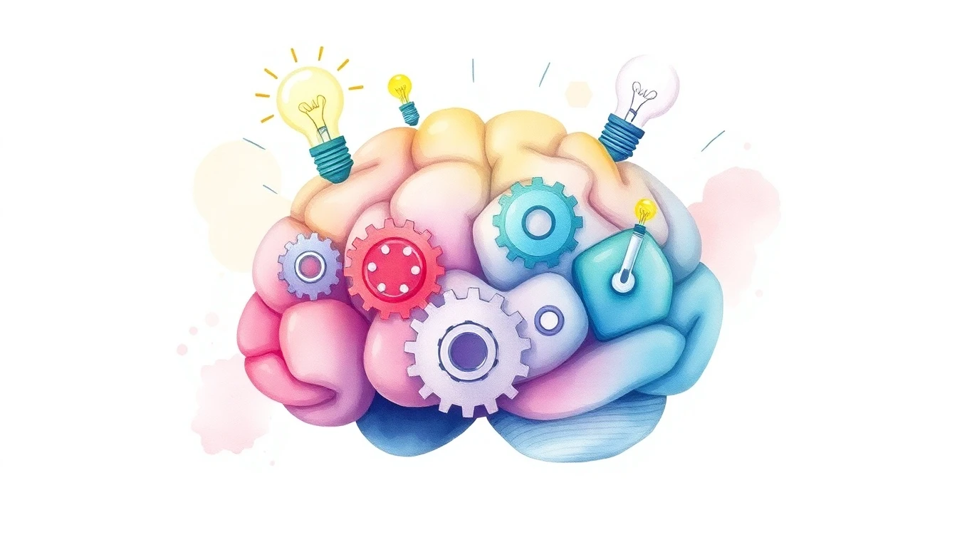 Brain with gears and light bulbs
