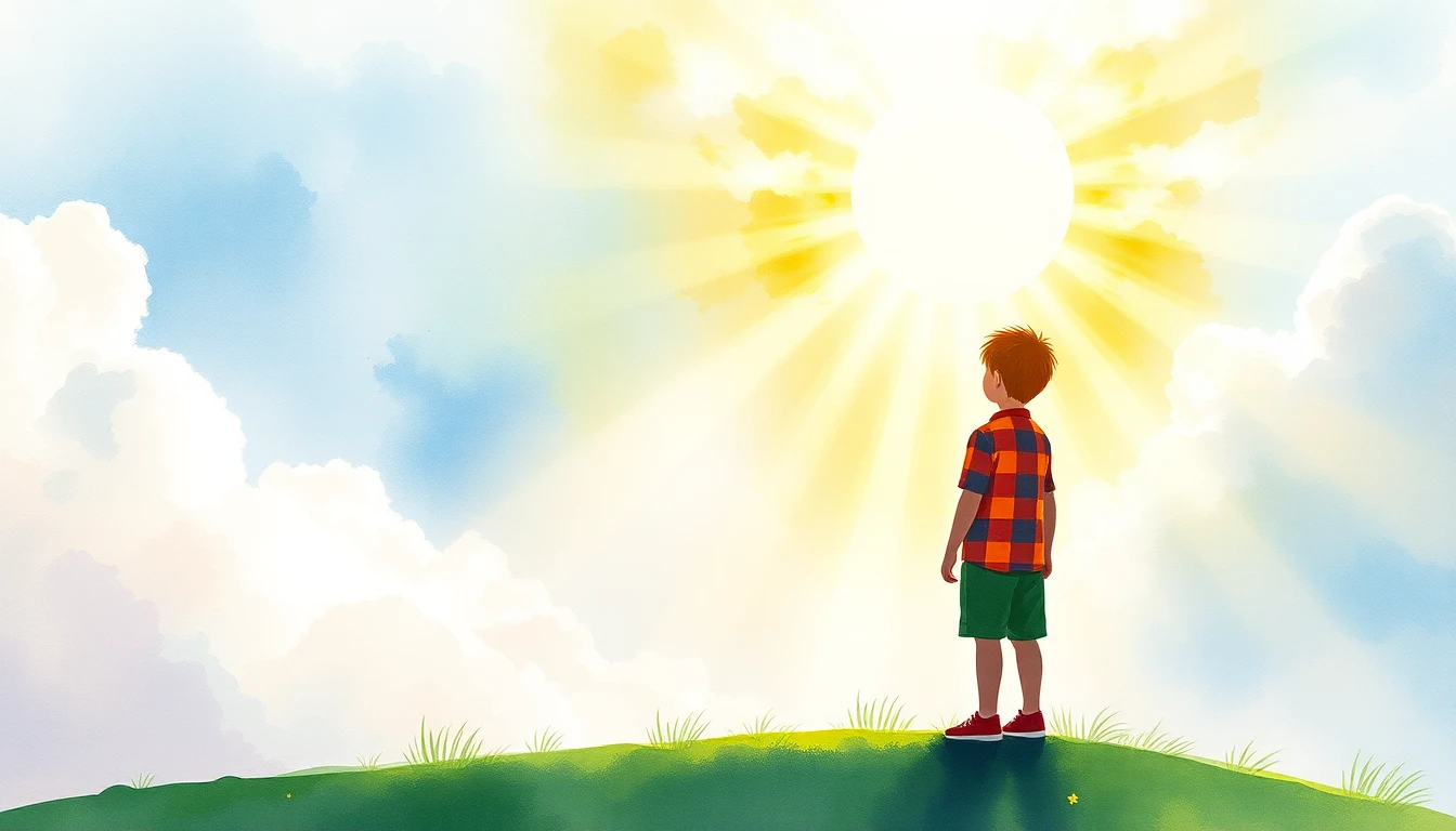 Child on a hilltop looking at a bright future