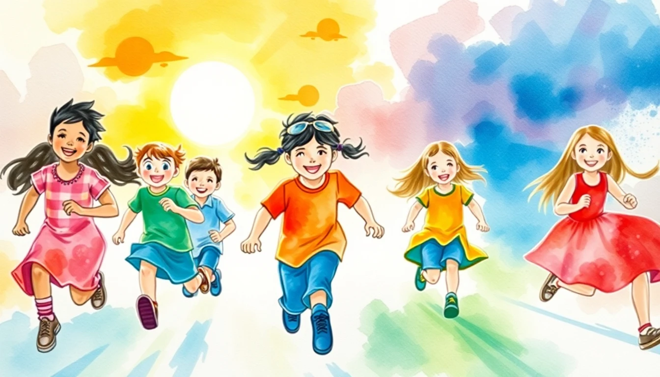 Children running toward a bright horizon