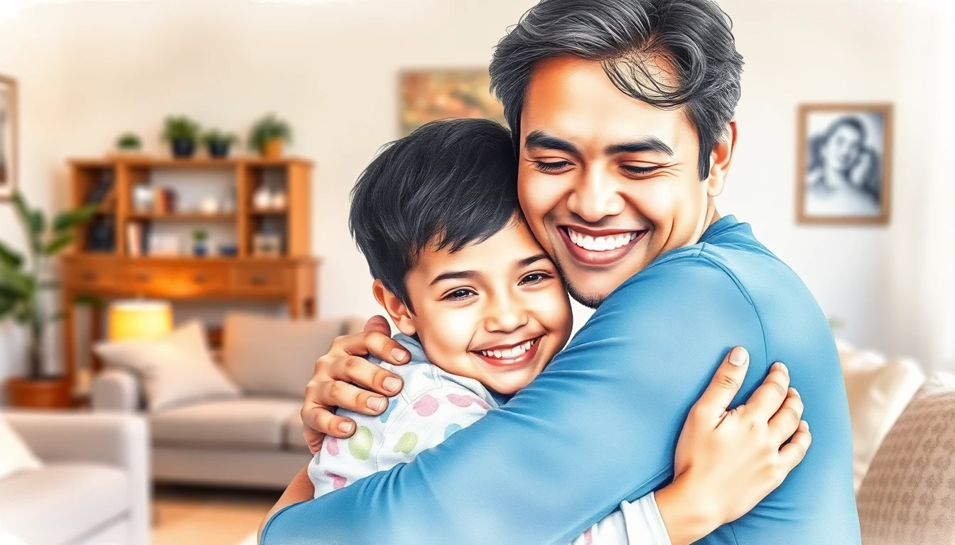 Parent hugging child, both smiling