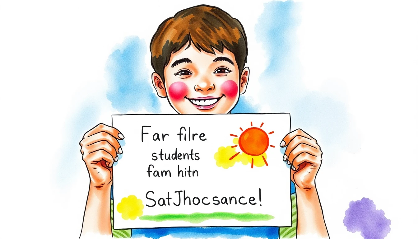 Student displaying artwork