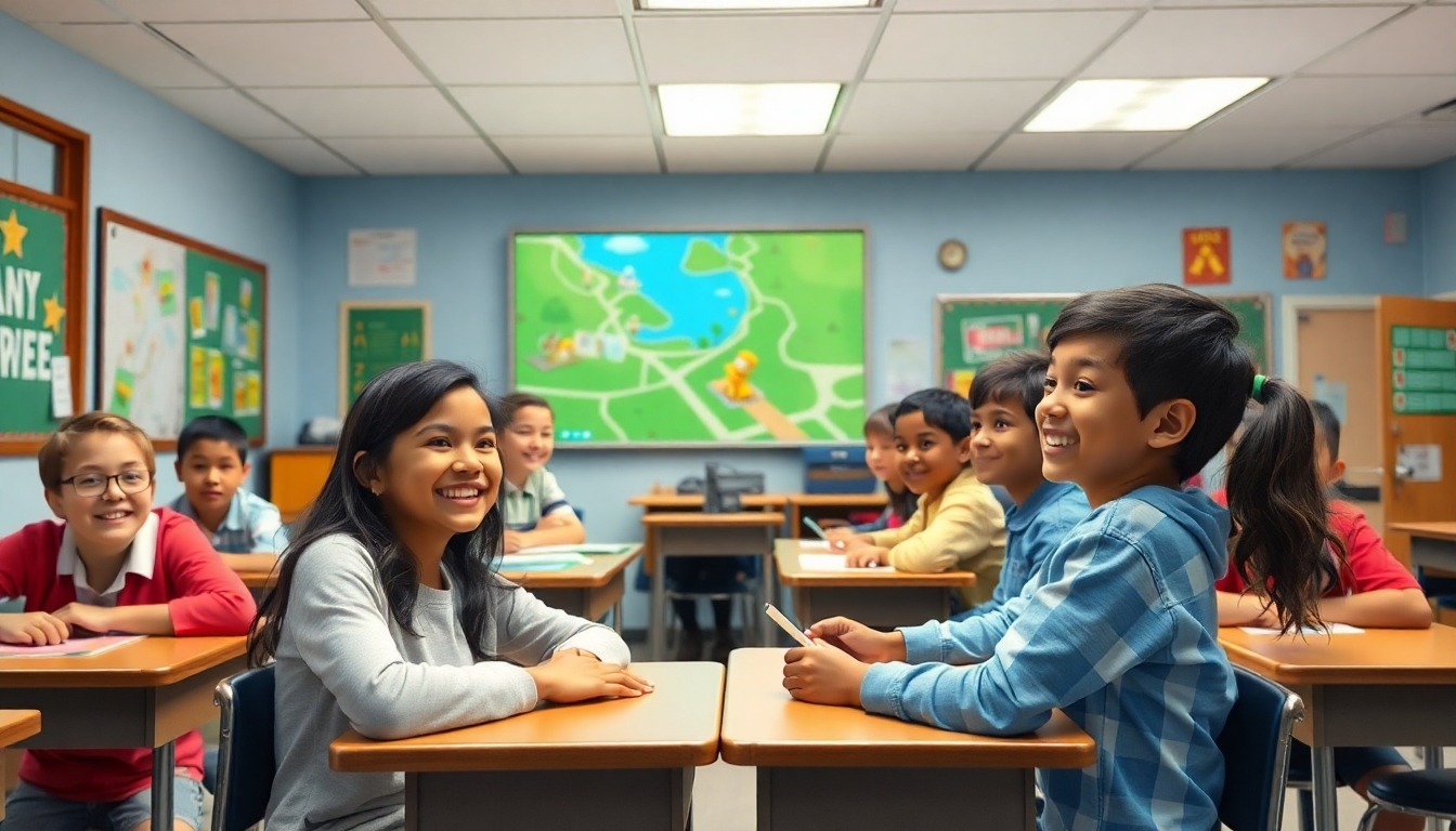 Colorful classroom engaged in a short game-based activity