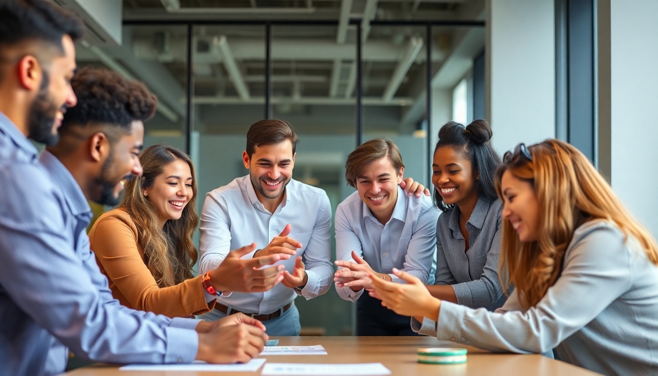 A diverse team engaged in a lively leadership mindset activity