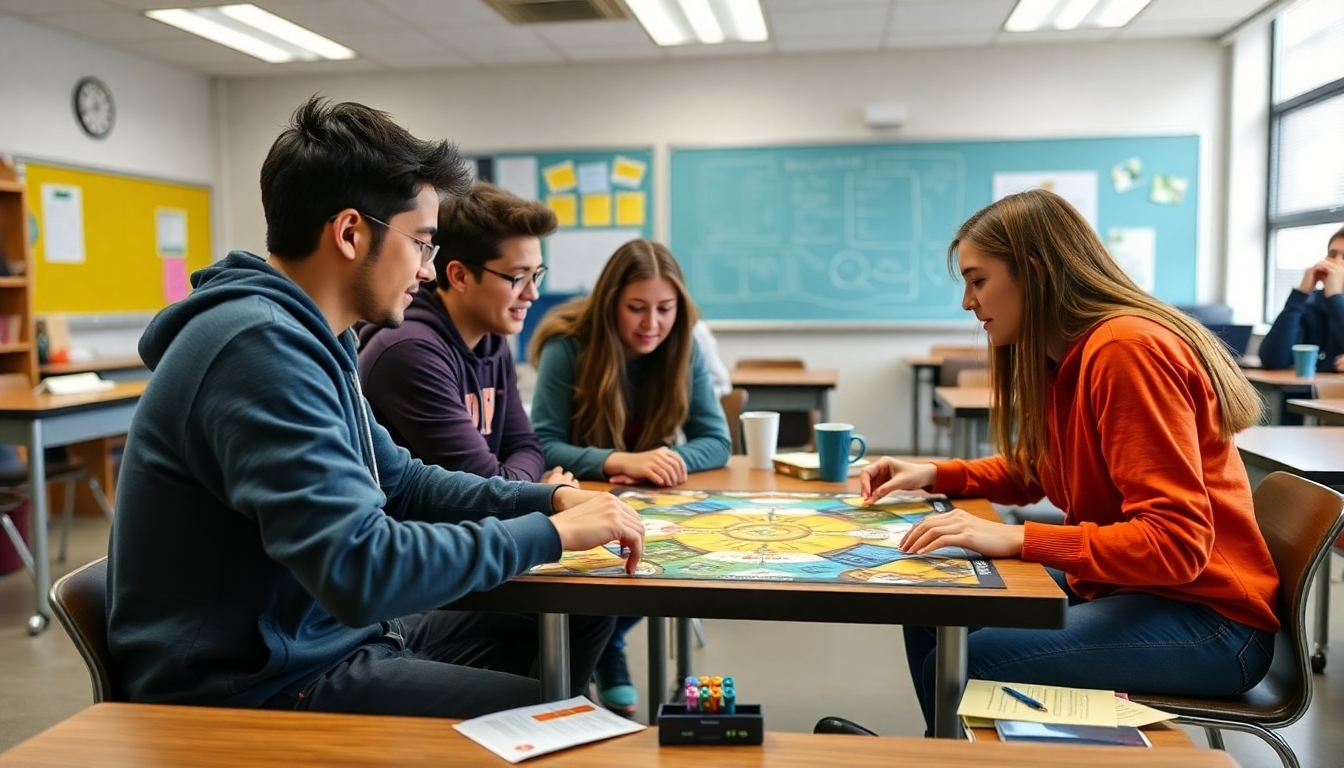 High schoolers playing a custom growth mindset board game and discussing strategies