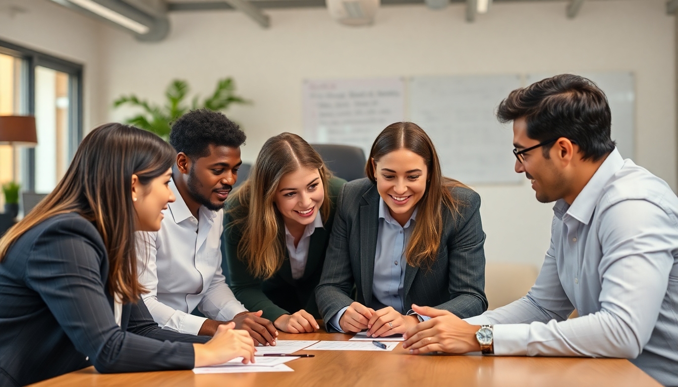 Professionals in a room collaborating through leadership games