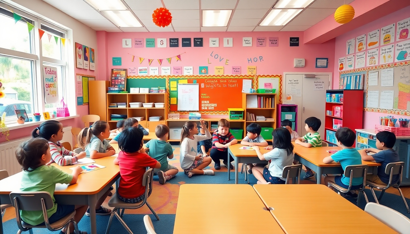 Students in a vibrant classroom playing a growth mindset game together