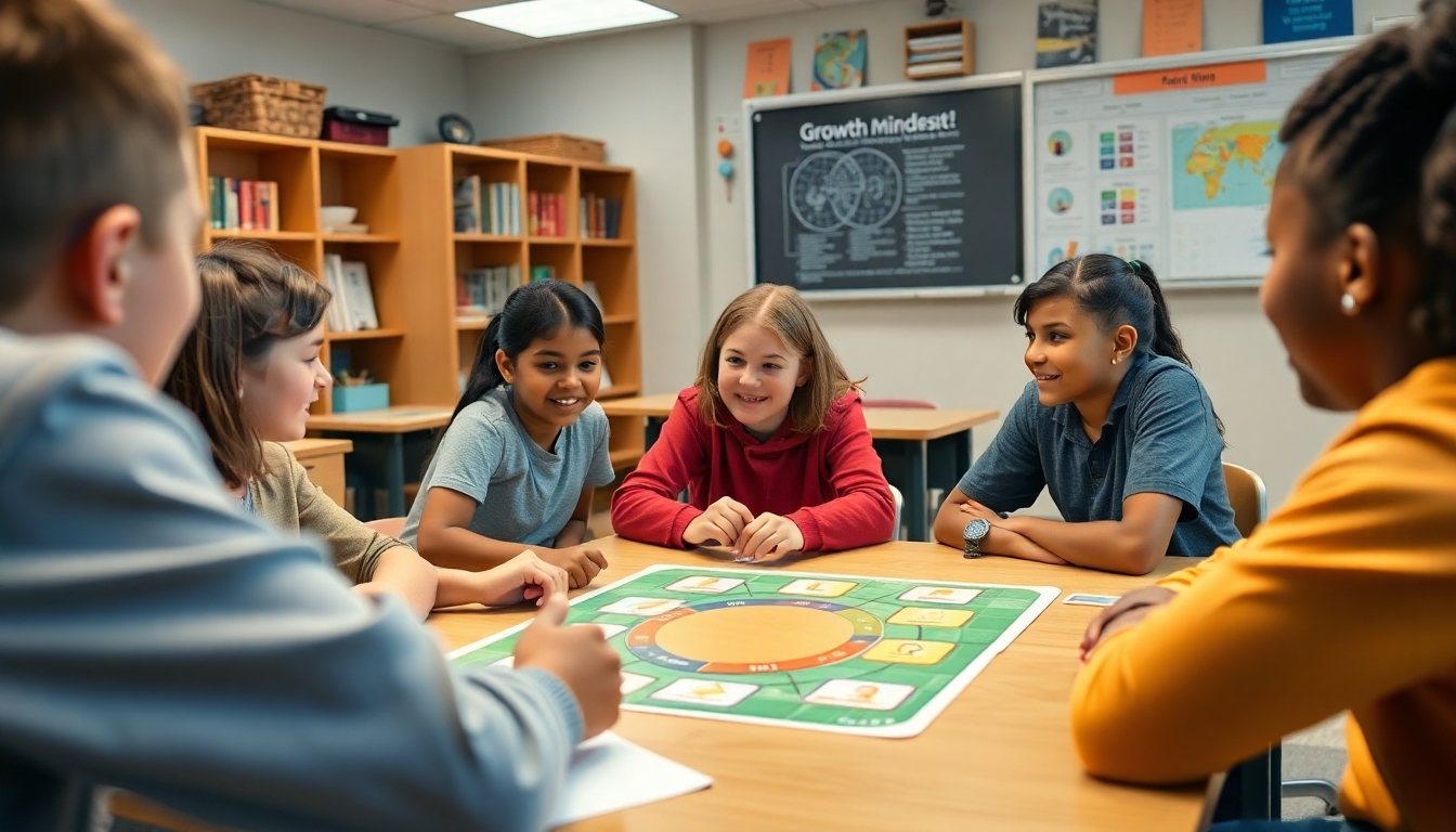 Students in a classroom collaborating on a growth mindset challenge