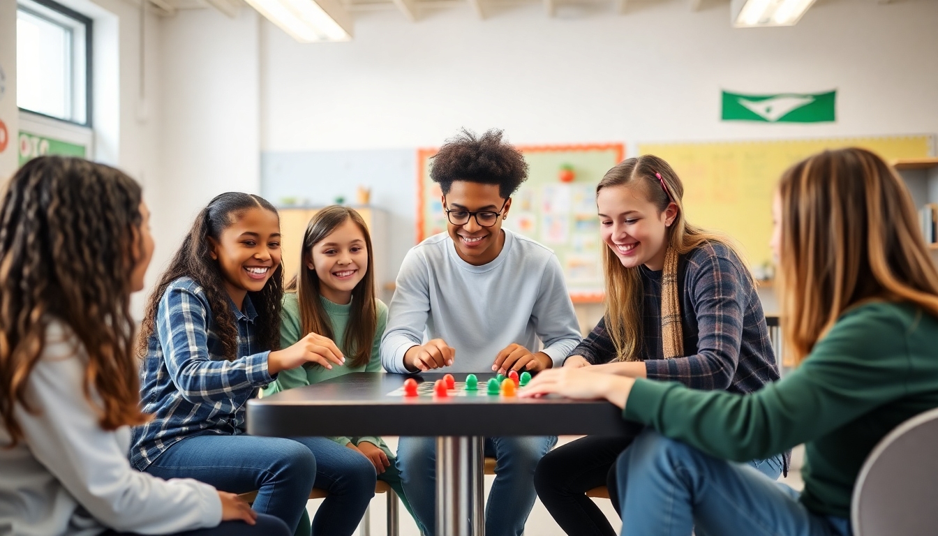 Middle school students smiling while playing a collaborative classroom game